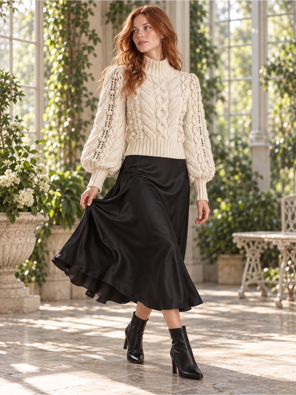 Banana Republic Ticino Cable Puff Sleeve Sweater Cream S Cottagecore Boho Knit - Picture 13 of 14